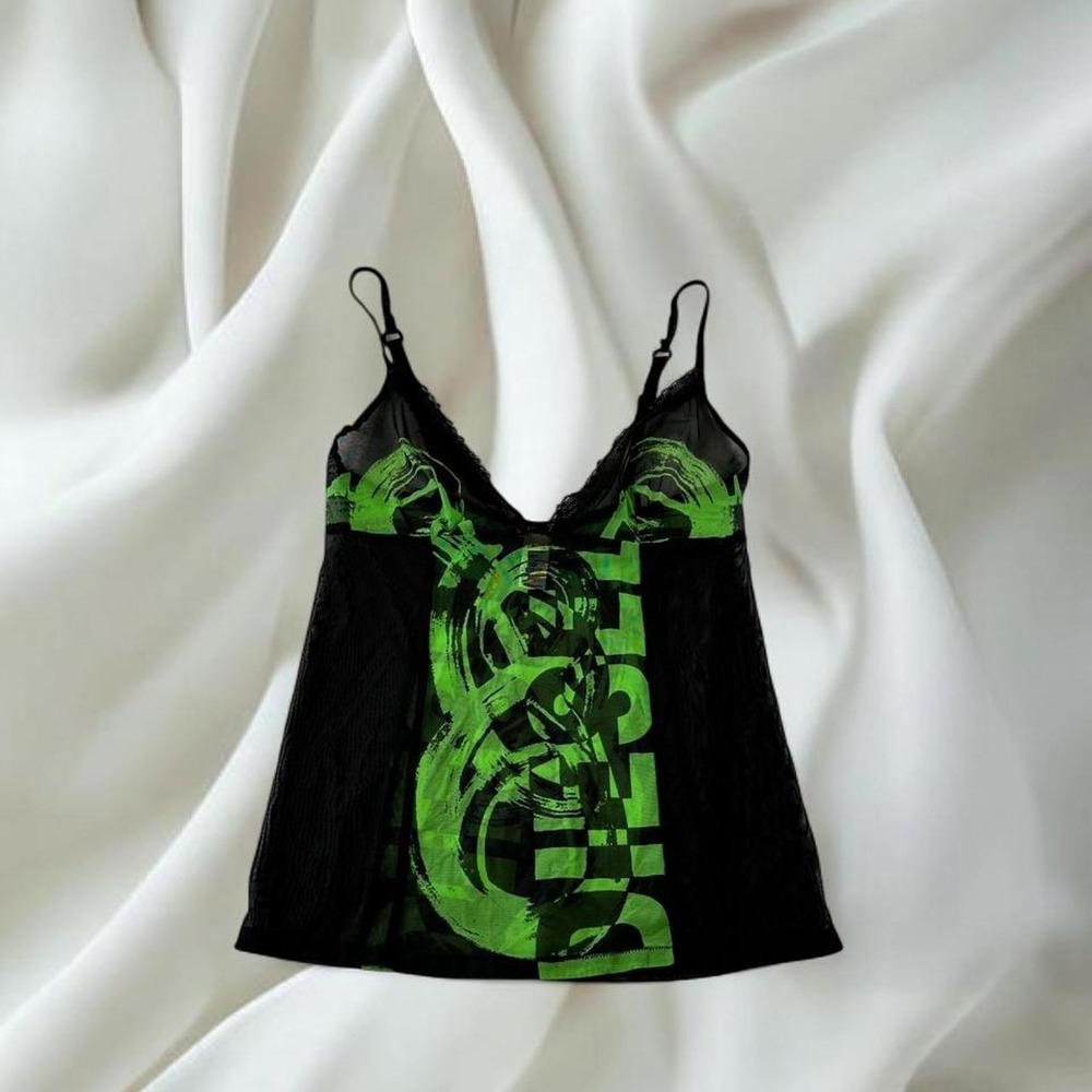 Rare Diesel black green graphic logo print mesh cami babydoll tank top y2k